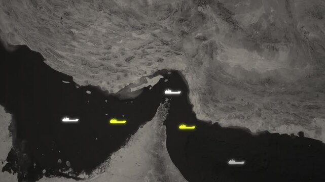 Strait of Hormuz Shipping Path Map Animation. Maritime Route and Tanker Traffic Between Iran and Oman, Global Trade Route Visualization &ndash; Vox Style Map Animation in 4K
