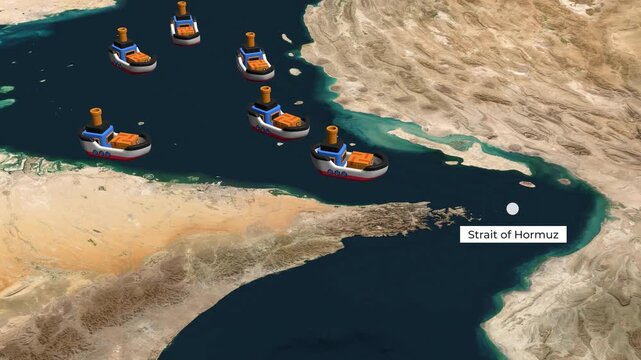 Strait of Hormuz Ships Cinematic Aerial View Map Animation. Oil Tankers and Shipping Traffic Between Iran and Oman, Global Maritime Trade Route &ndash; Vox Style Map Animation in 4K

