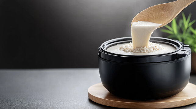 Pouring cake batter from a wooden spoon into a black rice cooker bowl for easy home baking, preparing a delicious dessert or bread with a convenient one pot cooking method