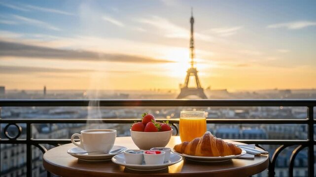 Parisian Breakfast Setup Including Coffee Cup Croissant Is Arranged On Balcony Table Overlooking The Eiffel Tower Colorful Sunset In The Background For Travel Culinary-themed Content
