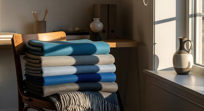 Cozy Scandinavian home office with stacked wool blankets on a vintage chair bathed in warm afternoon sunlight