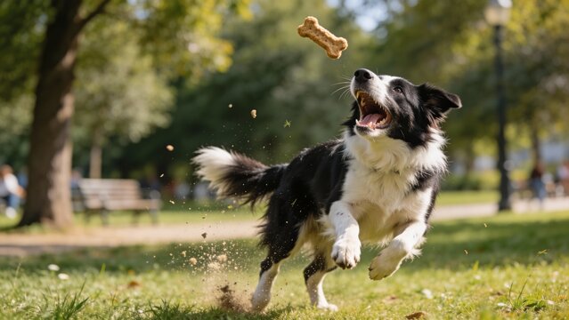 A playful black and white dog runs across the green grass, eagerly chasing a flying bone. Sunlight filters through the trees, creating a cheerful ambiance as it enjoys its day.