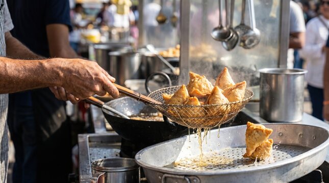 Street food vendor deep frying fresh crispy samosas in hot oil