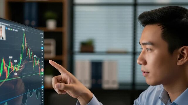 Focused Asian Man In Office Setting Examines Stock Market Charts On Computer Screen Pointing At The Display With Blurred Bookshelf In The Background Potential Financial Analysis Inve