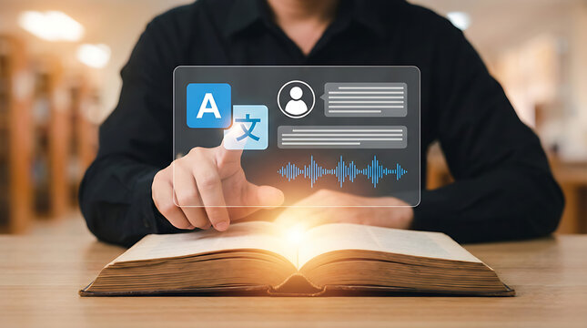Student using digital holographic language translator interface over an open glowing book in a library