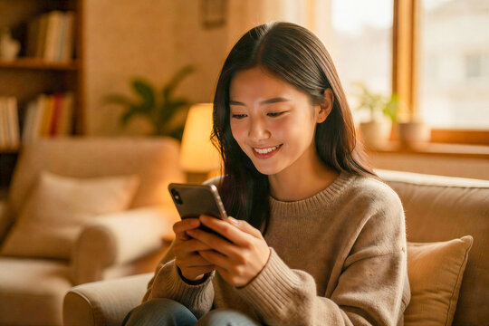 Radiant young Korean woman holding her smartphone with a gentle smile in a cozy sunlit indoor space