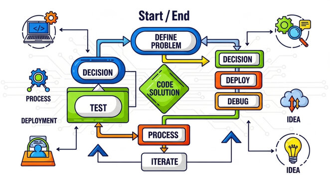 Software development process flowchart with decision points and solutions.