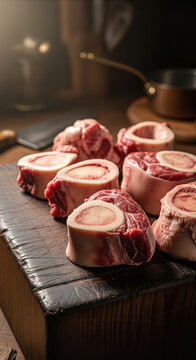 Raw beef marrow bones arranged on a rustic butcher block, ready for rich broth preparation, with warm ambient light and copy space.