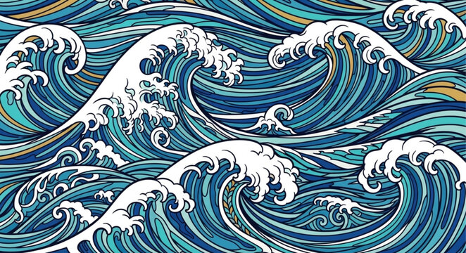 Stylized illustration of powerful ocean waves crashing and swirling.
