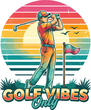 Golf Vibes Only Retro Sunset Golfer Design
