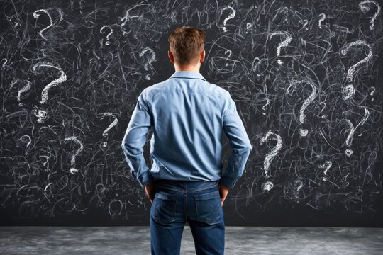 a man stands with his back to the viewer, centered in the frame, in front of a dark chalkboard covered in white chalk question marks and abstract scribbles Generative AI