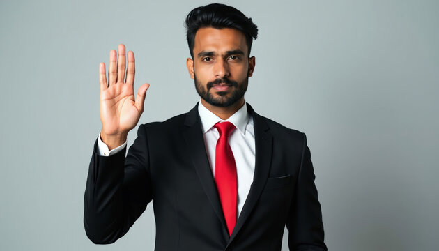 Indian man in formal black suit, red tie raises open hand with palm facing forward. He makes oath gesture showing integrity, serious commitment. This solemn pledge signifies trust, dedication.