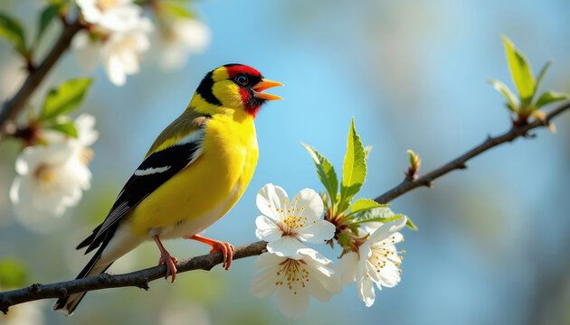 Bright yellow finch bird sits on flowering cherry branch singing happily. Small songbird with red face and black stripes. Springtime nature scene, new life, blooming.