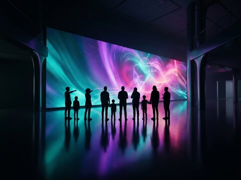 People observing large colorful digital wall in dark futuristic room. Concept of AI enhanced environments, data visualization spaces, immersive tech art installations, and design systems. 