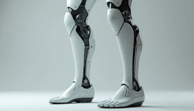 Futuristic bionic legs feature sleek white plating over mechanical exoskeleton joints. Advanced prosthetic limb design suggests medical and tech innovation for future human augmentation.