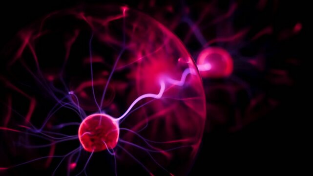 Dynamic plasma ball discharge with blue and purple neon lightning in motion