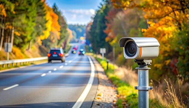 A speed camera on a highway during autumn