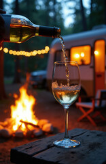 Naklejka premium White wine pours into glass near campfire and RV. String lights glow around forest campsite. Enjoying beverage outdoors by warm fire at dusk.