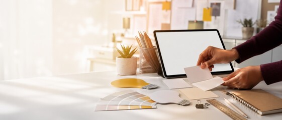 Hands arranging blank color swatches beside tablet mockup, pencils, ruler and palette cards on a bright minimal workspace with copy space.