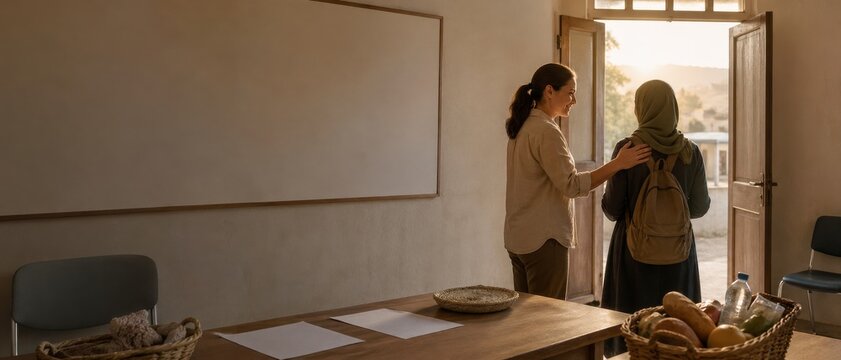 Supportive woman greets a visitor in headscarf with backpack by open classroom door, near blank board, papers, food baskets and sunset light