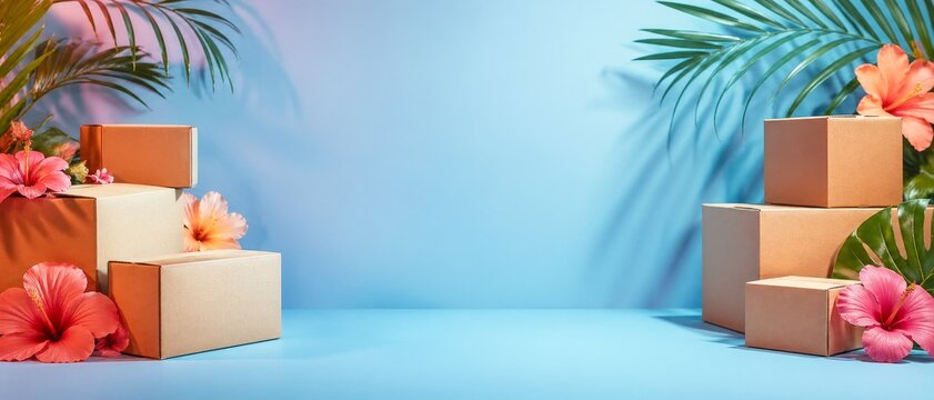 Cardboard packaging boxes with tropical hibiscus flowers and palm leaves on blue studio background with bright summer lighting and central copy space