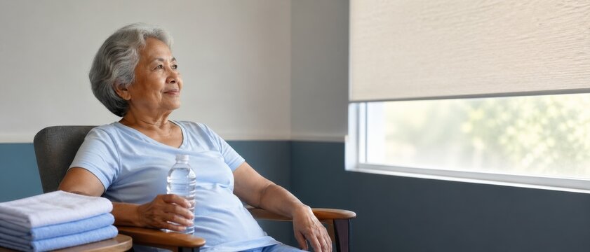 Realistic illustration of serene senior woman seated indoors by sunlit window holding water bottle beside folded towels with calm copy space
