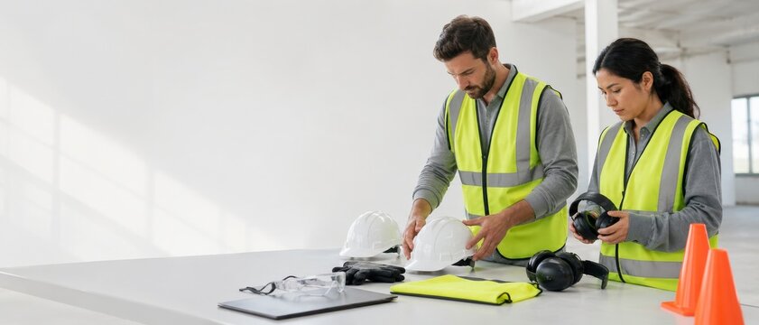 Two workers in high visibility vests inspect hard hats, ear protection, safety glasses, gloves and traffic cones on a bright indoor worksite