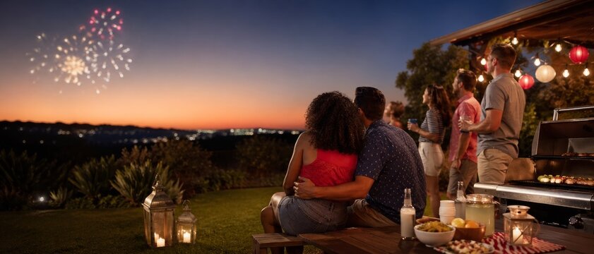 Adults gather at an outdoor barbecue at dusk, watching colorful fireworks over distant hills with lanterns, string lights, and patio table.