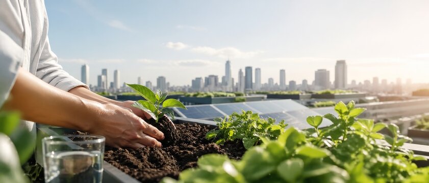 Hands planting a young seedling in rooftop garden soil with green herbs, solar panels, and blurred city skyline under bright morning sunlight