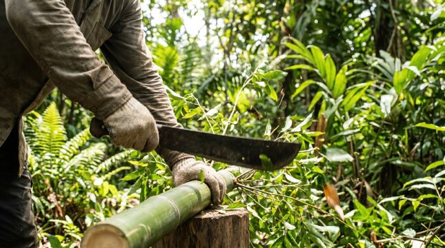 Worker using a large heavy machete to chop a fresh green bamboo stalk in the dense jungle