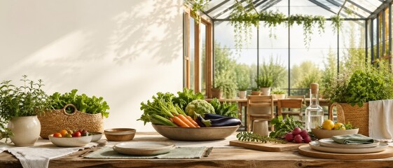 Fototapeta premium Fresh vegetables and herbs arranged on a rustic table in a sunny greenhouse kitchen with ceramic dishes, glass bottle, plants, and garden view