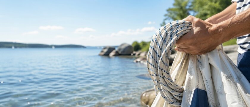 Close-up of hands holding coiled sailing rope and folded white sail beside a calm blue lake with rocky shore, distant boats, and sunny sky