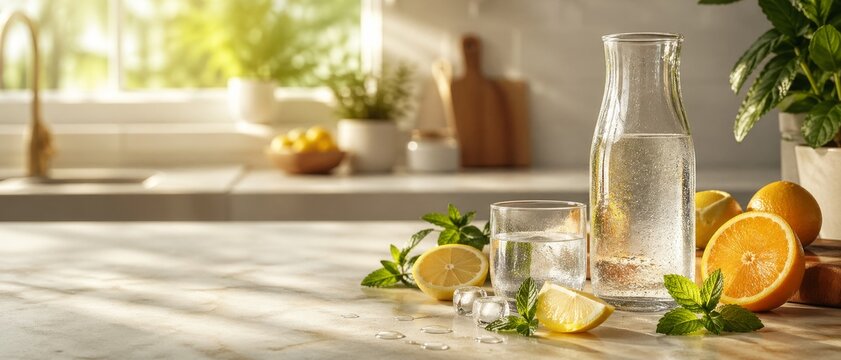 Photorealistic refreshing water in a glass carafe with lemon, orange, mint, ice, and drinking glass on a sunny marble kitchen counter setup