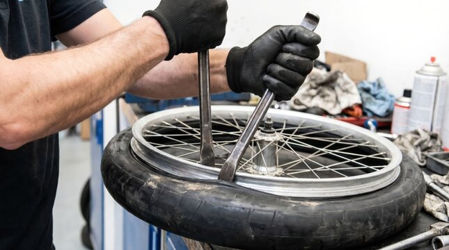Mechanic wearing black gloves using two metal tire levers to remove a tire from a wheel rim