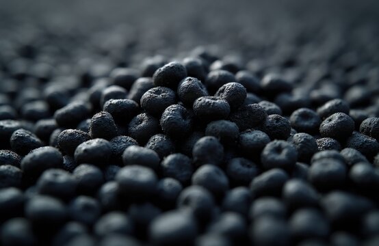 Dark bio fuel pellets heap up close. Compressed organic biomass for heating or power generation. Sustainable eco energy source with rough texture.
