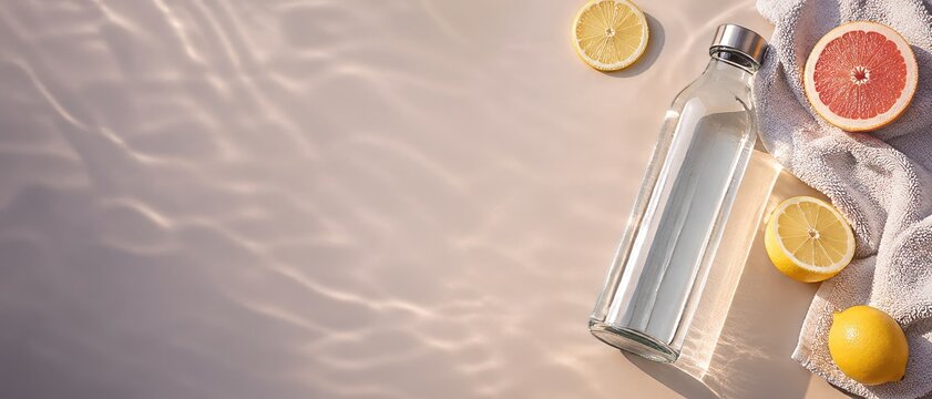 Top view realistic illustration of glass water bottle with citrus slices and towel on sunlit beige surface with rippled shadows and copy space