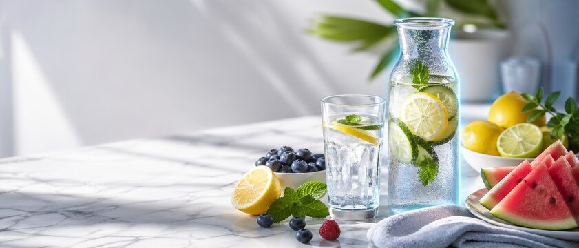 Refreshing infused water in glass carafe with lemon, lime, mint, blueberries and watermelon on bright marble table with towel and copy space