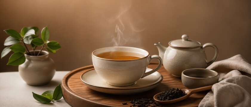 Steaming tea cup on wooden tray with ceramic teapot, loose leaves, spoon, linen cloth and potted greenery against warm brown copy space