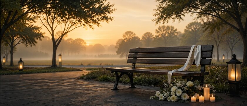 Empty wooden park bench with white ribbon, flowers, candles and glowing lanterns in a misty tree-lined garden with soft sunrise light and calm mood