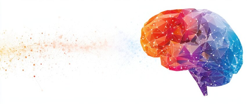 white background features a human brain composed of interconnected polygons and dots, rendered in a low poly style Generative AI