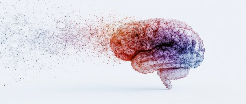 brain is constructed from a mesh of interconnected lines and dots, creating a polygonal, faceted appearance colors within the brain gradient from red and orange in the front to purple Generative AI