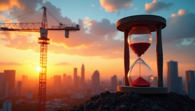 Hourglass marks time passing over city construction site. Crane builds skyline at golden hour sunset. Urban development progress measured by sand falling. Project deadline approaches.