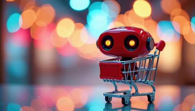 Red robot sits in small shopping cart with glowing eyes. Blurred colorful lights in background suggest store or online retail environment. AI assists commerce decisions.