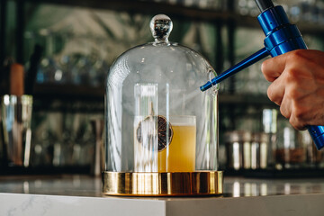 Bartender using smoking gun on cocktail under cloche. Hand holding a blue smoking gun tool to infuse a cocktail with smoke under a glass dome on a bar. © Анна Терелюк