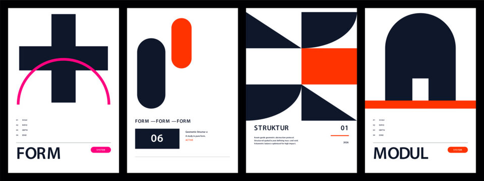 Set of Abstract Bauhaus Style Posters with Geometric Shapes, Minimalist Swiss Design Layouts for Modern Branding and Editorial Covers