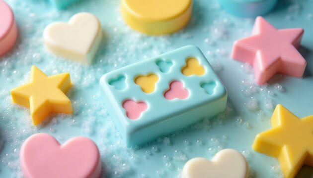 Pastel colored soaps in heart and star shapes rest on a blue background with water bubbles. A soap mold holds colorful soap pieces, ready for bath time fun. Playful and decorative hygiene items.