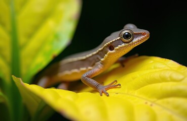 Fototapeta premium Brown lizard rests on bright yellow leaf. Small reptile with detailed scales sits on lush plant in Florida nature. Closeup view of wild fauna outdoor.