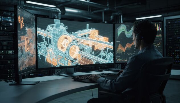 Technical specialist monitoring anomaly alerts on a futuristic cloud platform while reviewing a dynamic digital twin simulation of mill operations for predictive maintenance.