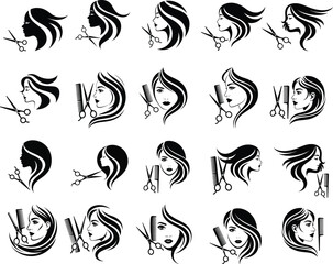 Fototapeta premium Hairdresser silhouettes featuring women with elegant hairstyles alongside professional grooming tools represent a beauty salon collection.