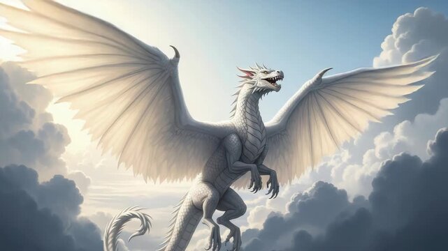 Majestic White Dragon Soaring Through Cloudy Sky With Outstretched Wings Its Scales Glisten As It Flies With Sunlight Breaking Through The Clouds Illustrative Image For Fantasy Book